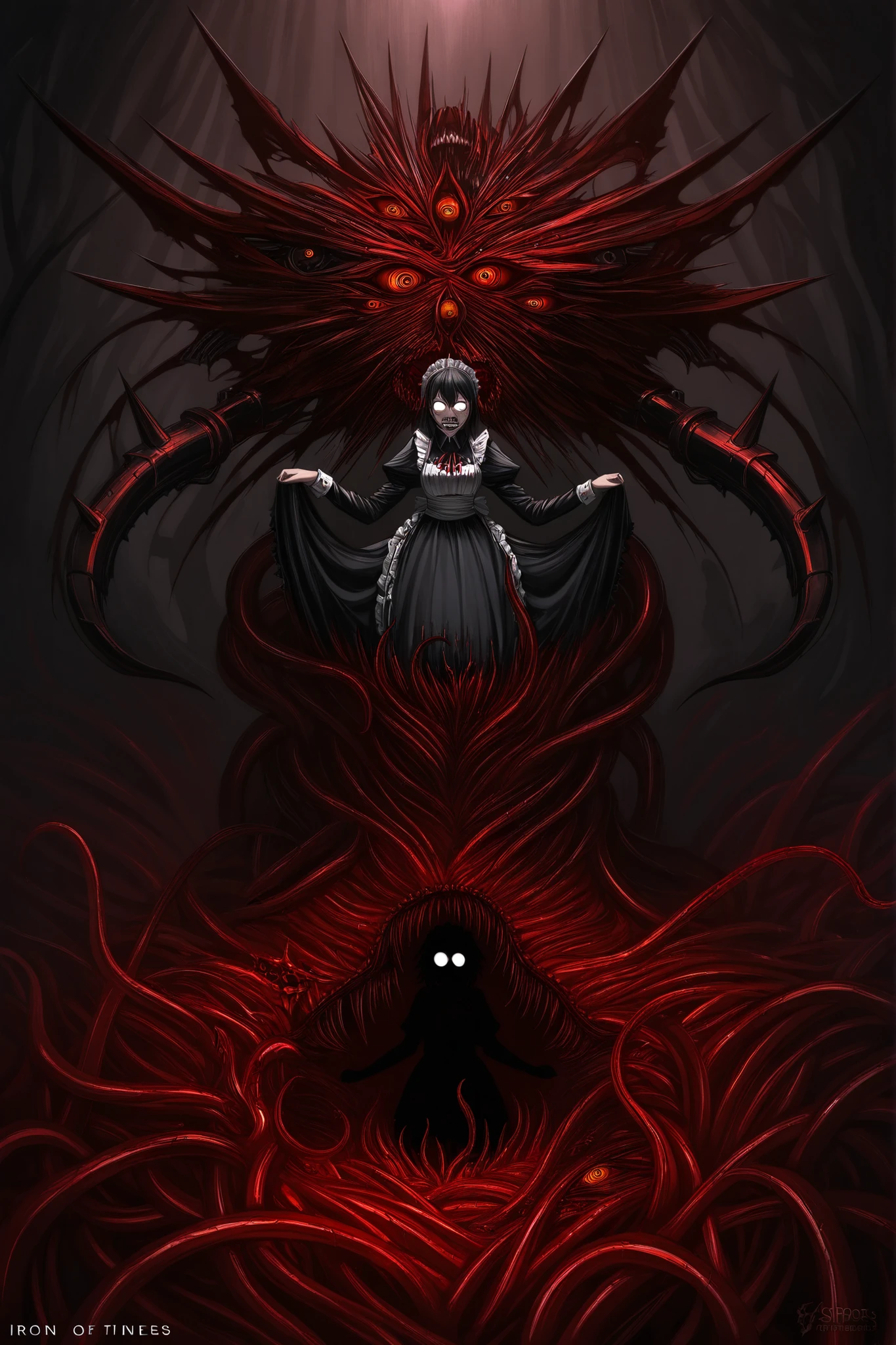 high quality, dark art, mechanical horror, metal maid-construct, opening body with spikes inside, bloody tentacles twist in a cavity, lots of eyes and teeth in organic mass, human-like silhouette of flesh inside, iron hinges and rivets, gothic style maid dress, rusty spots
