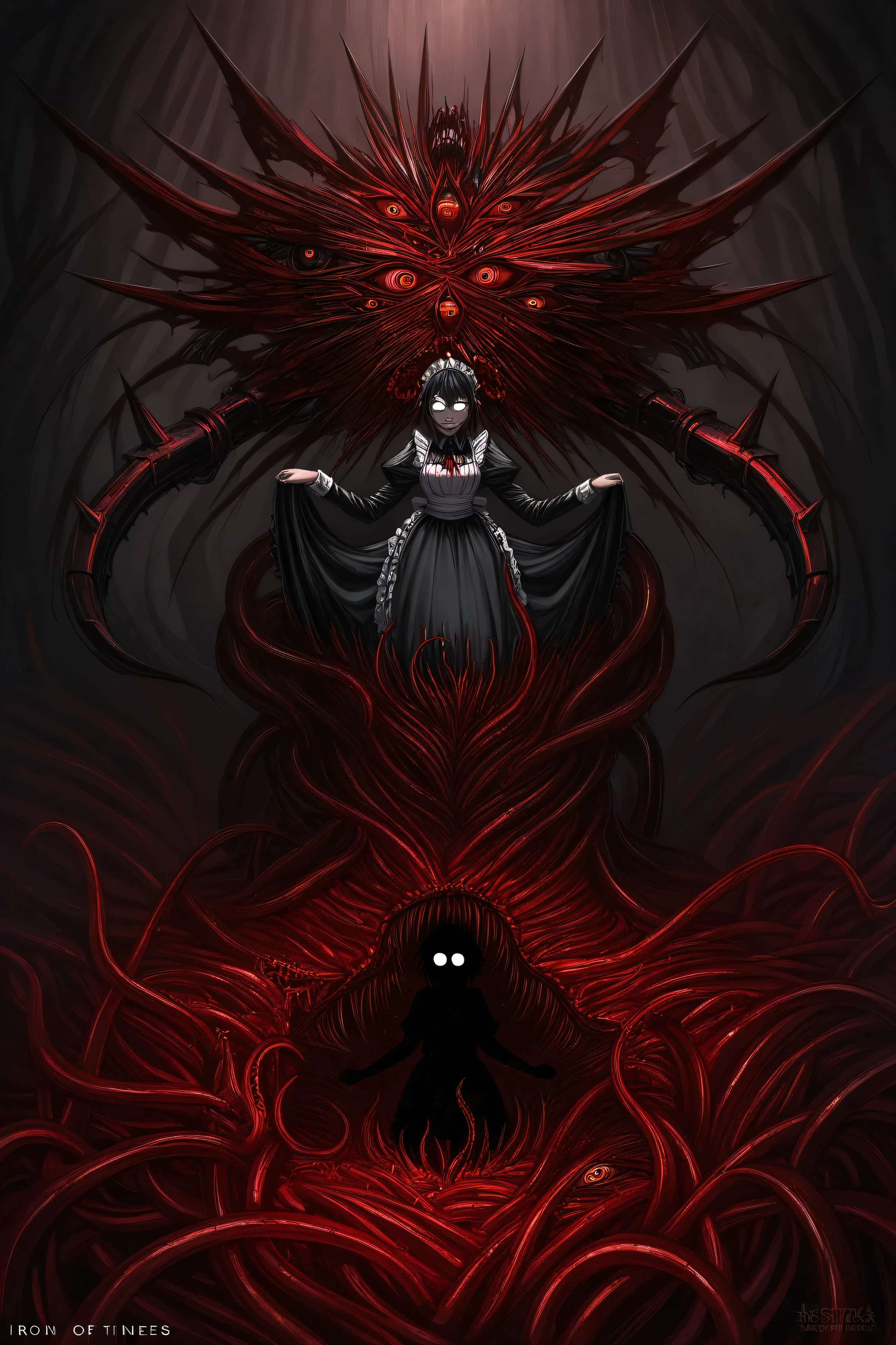 high quality, dark art, mechanical horror, metal maid-construct, opening body with spikes inside, bloody tentacles twist in a cavity, lots of eyes and teeth in organic mass, human-like silhouette of flesh inside, iron hinges and rivets, gothic style maid dress, rusty spots