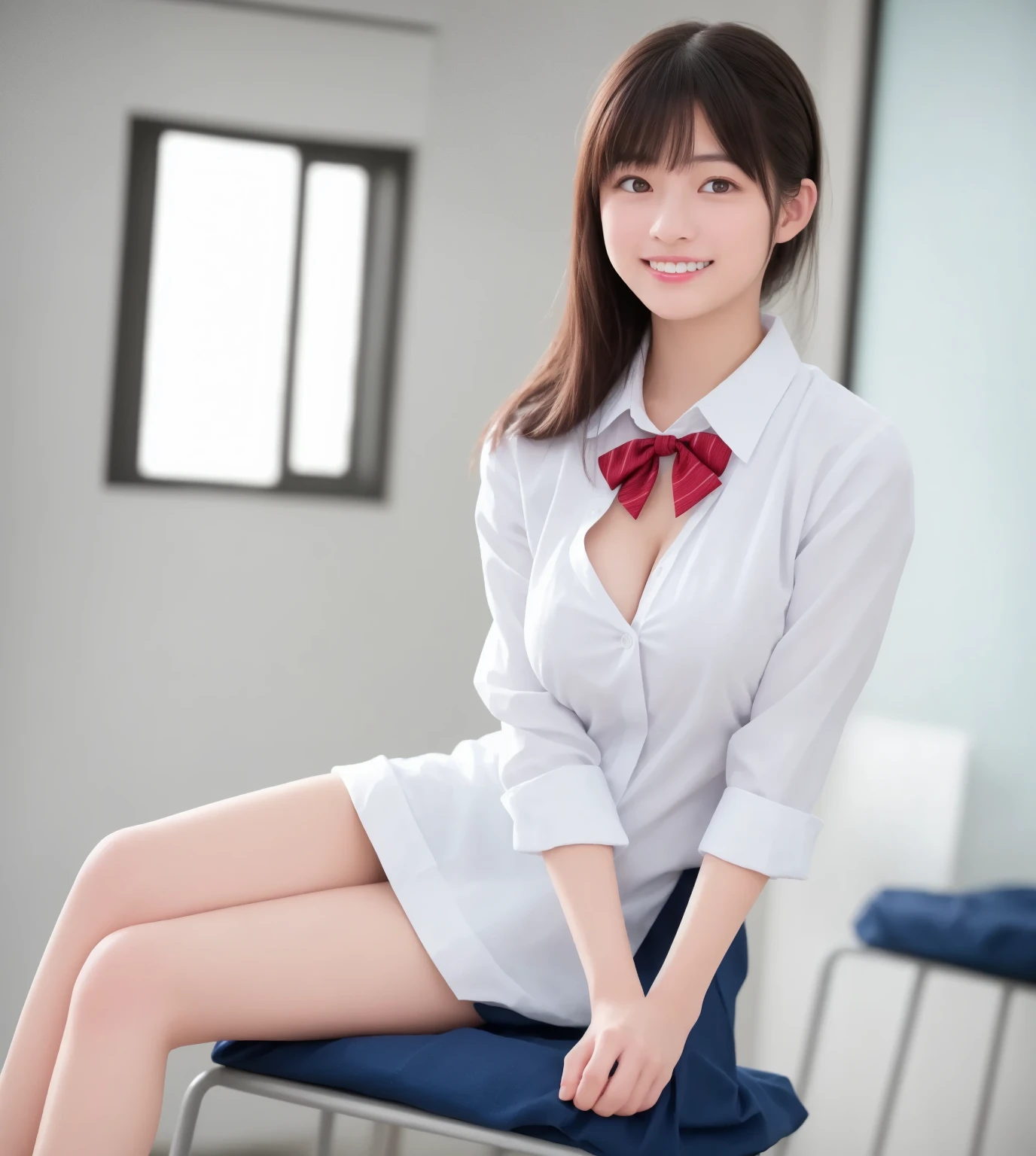 (NSFW:0.9), 1 girl,nurse,25 year old beautiful woman,alone, Hospital corridor,Best Smile, small breasts, white trench coat nurse uniform,open clothes, slender body shape,small pink lace bra:1.5,small pink lace panties:1.5,Fancy makeup with red eyeshadow,Brown short cut with side waves,sitting on a chair in a hospital examination room,