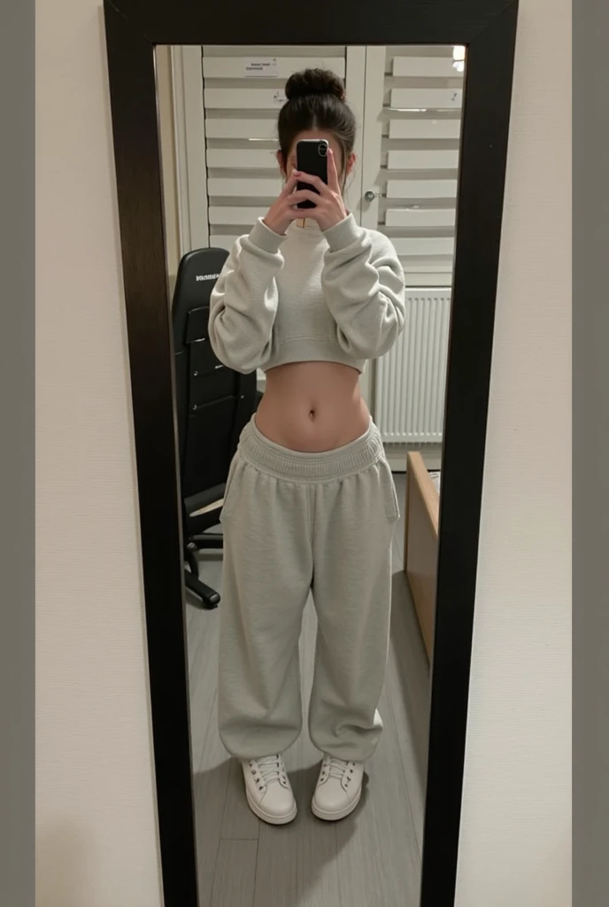 a woman with a cell phone in her hand, nicole de boer-aleksandra waliszewska-katinka reinke-alana fletcher-daniela uhlig-magalie villeneuve-carol sutton-karolina cummings-rachel wall-caroline gariba merged, entire body visible, wearing a blue bra with long adidas sweatpants and sneakers, messy blonde hair