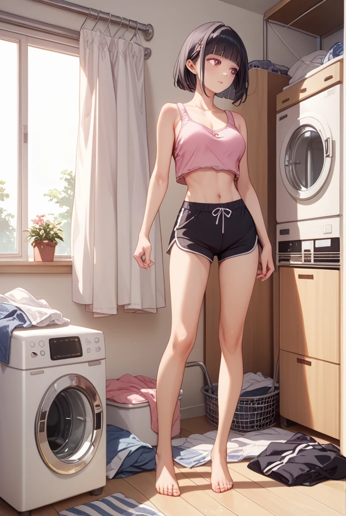 masterpiece, best quality, highres, hmn1, eye patch, huge breasts, white_tank_top, underwear, panties, midriff cowboy shot, interior, smile, opening a mini refrigerator,squatting,look back,taking out a can of beer,with a can of beer in hand,(cameltoe)