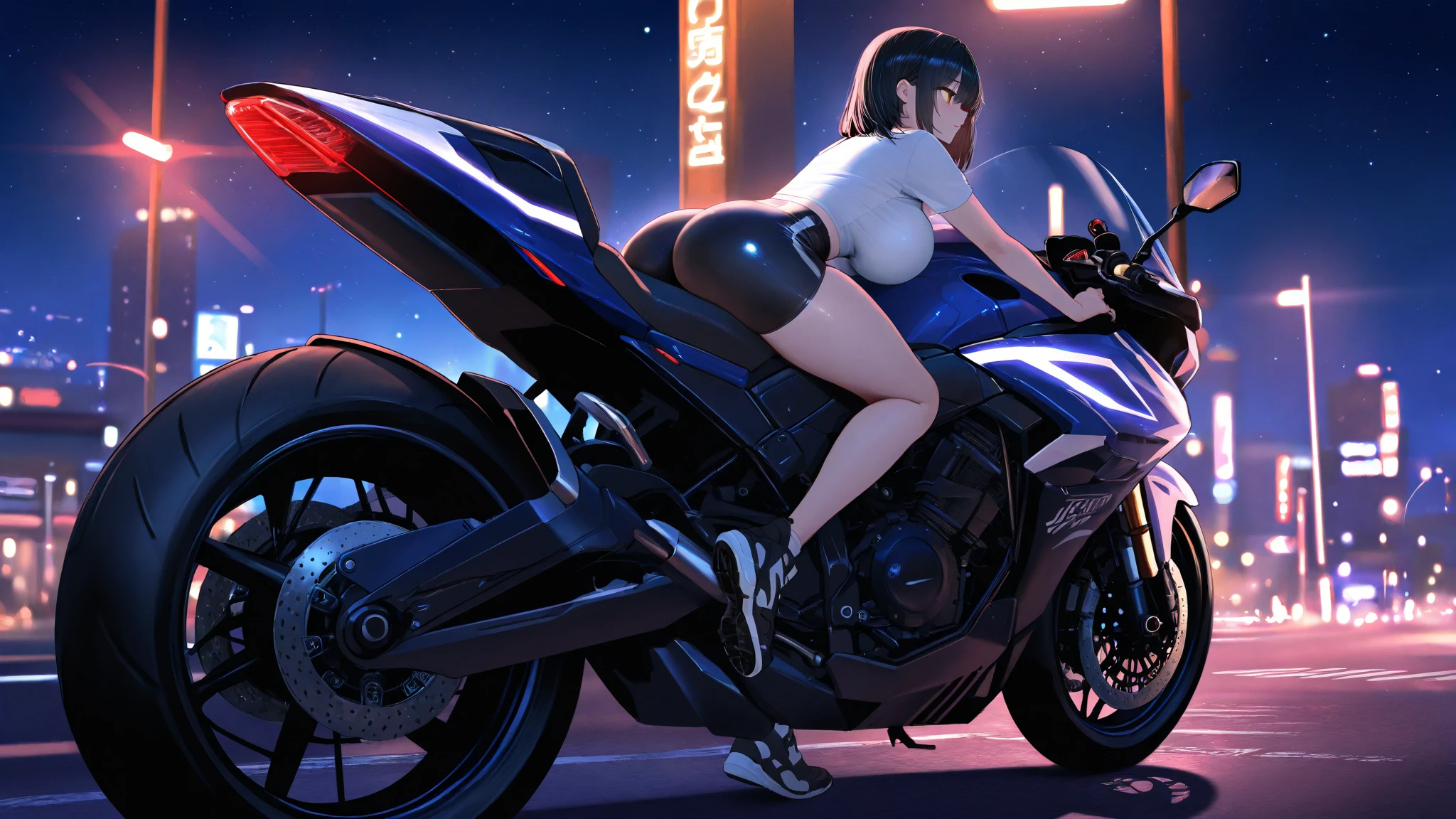 (masterpiece:1.2), (best quality:1.2), (ghost in the shell), detailed, a girl, transparent clothes, mature, bobcut, blue eyes, cleavage, dark alley, (no panties), (ahegao:1.3) motorcycle, neon, neon bed