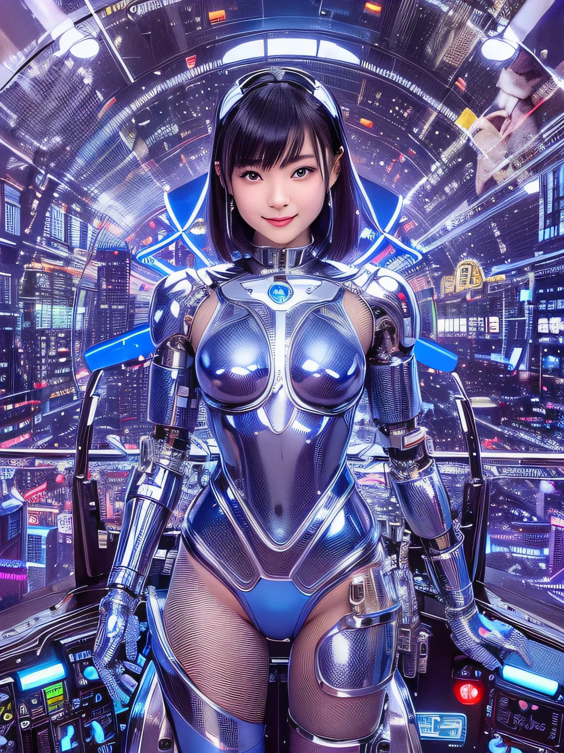 Highest quality, masterpiece, figure, (Realistic, photo-Realistic:1.37), wonderful, In detail, Incredibly absurd, Large file size, Very detailed, High resolution, Very detailed CG Unity 8k wallpaper, Very detailed目と顔, Ray Tracing, Browsing Caution, NUDE, One girl, Korean cyborg girl is innocent and young々Has a sly expression. She poses boldly with her arms raised above her head, Revealing her voluptuous figure. She is wearing a small black mecha armor top that barely covers her breasts., Exposing most of her flawless skin. Her shoulders and head have more armor detailing.、There are shining highlights, Tech Panels and Mechanisms. She is standing against a futuristic cityscape lit up with vibrant neon lights.、Standing full of energy。.