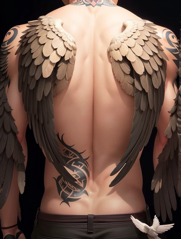 Handsome man with bare muscular sexy body, perfect face, angelic red wings on his back, smooth skin, black hair, black eyes, heavenly tattoos on his chest and arms,