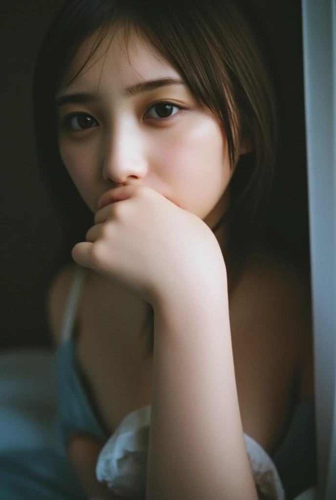(8K, RAW photo, highest quality, High resolution:1.1), (hyperrealistic:1.4),(realistic, photorealistic:1.3), soft light,realistic face,realistic body,realistic skin,disorganized,masterpiece,(cute:1.8),(leaning forward:1.8),(From above:1.2),(close:1.4),crawl on all fours,throw,( Detailed white loose t-shirt:1.2),(Beautiful breasts:0.9),(long hair,ponytail),(big:1.2),cleavage,fine black eyes,innocent eyes,droopy eyes,Watery eye,open lips,blush,good style,cinema light,film Grain,close,look viewer,full Body,Depth of field, blurred background,Eye focus,young,85mm lens, f/ 1.4,professional lighting,portrait,photon mapping,radio city,Physically based rendering,Transparency,Day book girl,Day,Sunny,outdoor