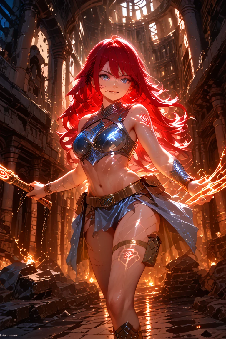 1beautiful girl,Solo, 3D、reallistic、sixteen years old,Angry face,(((woman face))),(((Red Bikini Armor, Red mini skirt))), Yellow hair,Long hair,Crimson eyes,Burning Body, huge tit、(((Run at high speed in front of the ruins、Rushing forward))),(((Attack with fireballs, A ray of flame from the palm held up in front of you)))、Concentrated line to the back of the screen、
