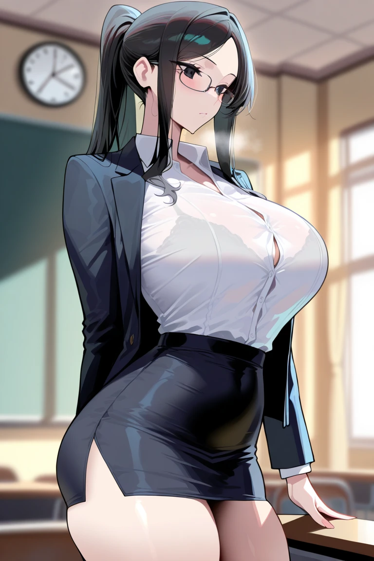 beautiful, (masterpiece:1.2), (best quality:1.2), perfect eyes, perfect face, perfect lighting, 1girl, mature businesswoman, MILF, medium breasts, pencil skirt, white shirt, cleavage, short hair, necklace, earrings, ring, long nails, office, detailed background, arms behind head,