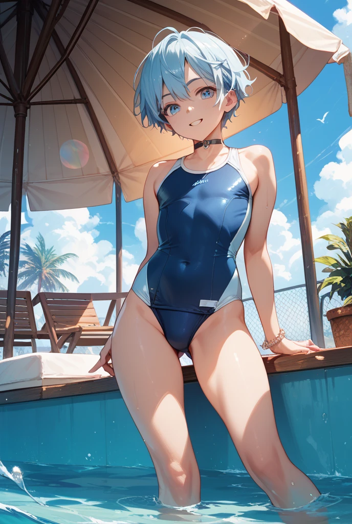 (((((whole body)))))、Youmu,Navy blue one-piece school swimsuit 、smile,、Cowboy Shot、Sitting on the floor、With legs apart、Simple Background、