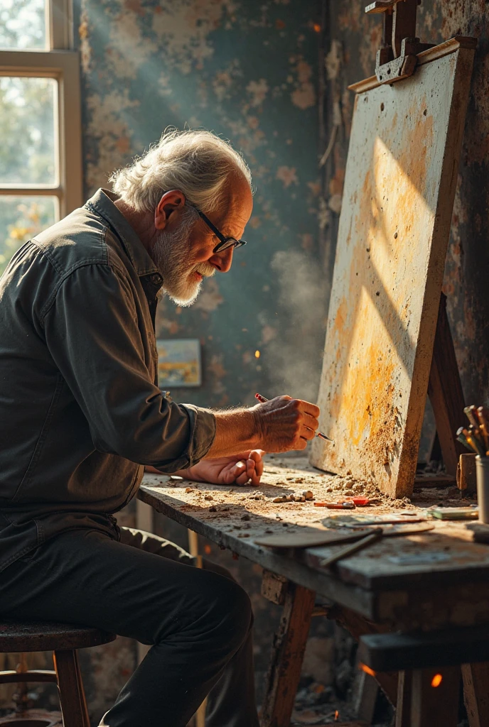 An old painter works alone in a cluttered studio, sunlight hitting his half-finished canvas. Dust floats in the air, colors mix on his palette. Emotional realism, high detail props and expression, 8k artist’s moment.
