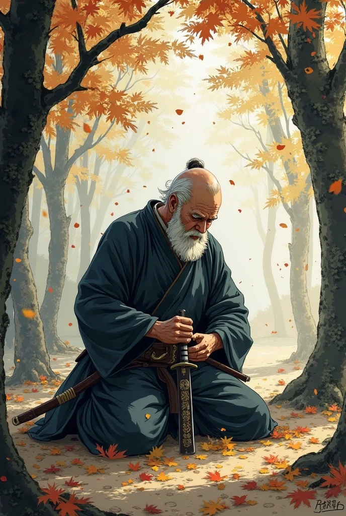 An elderly samurai kneels in a forest glade, surrounded by falling leaves. He rests both hands on the hilt of his blade, eyes closed. Light filters through the trees, casting patterned shadows across the ground. The scene is calm and dignified, rendered in a Japanese ink painting-inspired style with textured brush strokes. High-res, poetic atmosphere, ultra-detailed character rendering.