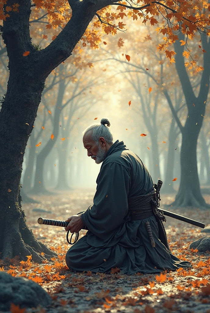 An elderly samurai kneels in a forest glade, surrounded by falling leaves. He rests both hands on the hilt of his blade, eyes closed. Light filters through the trees, casting patterned shadows across the ground. The scene is calm and dignified, rendered in a Japanese ink painting-inspired style with textured brush strokes. High-res, poetic atmosphere, ultra-detailed character rendering.