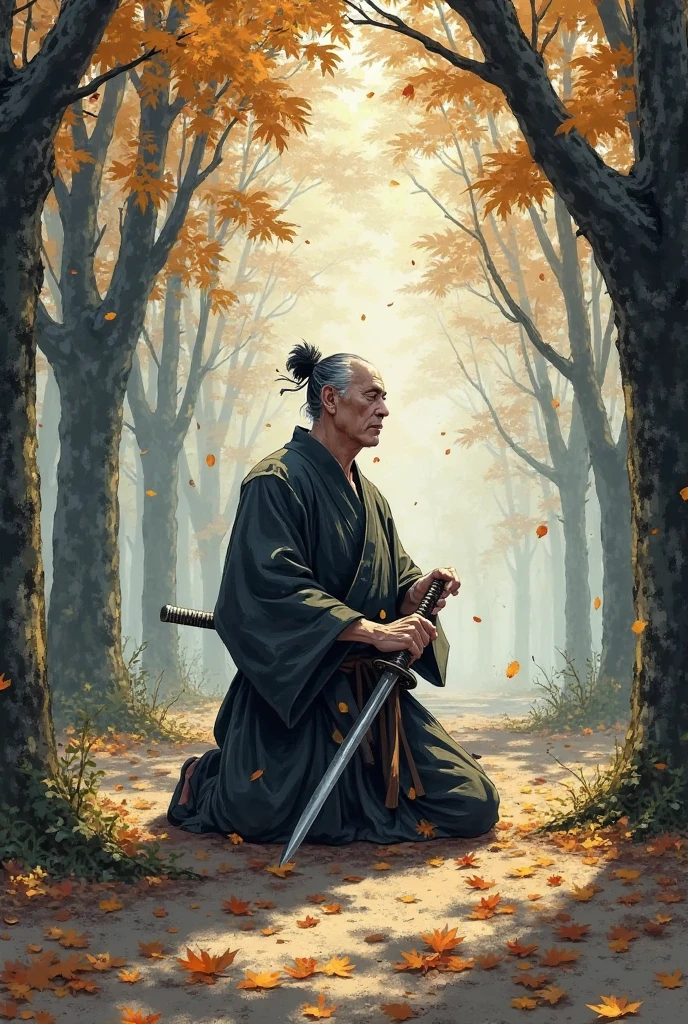 An elderly samurai kneels in a forest glade, surrounded by falling leaves. He rests both hands on the hilt of his blade, eyes closed. Light filters through the trees, casting patterned shadows across the ground. The scene is calm and dignified, rendered in a Japanese ink painting-inspired style with textured brush strokes. High-res, poetic atmosphere, ultra-detailed character rendering.