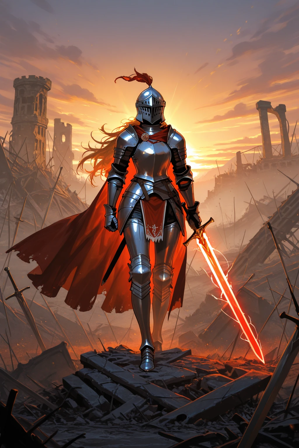 knight, female, medieval armor, sunset backdrop, battlefield ruins, cape flowing, holding sword, epic fantasy, digital painting, glowing edge light, high detail metal texture, cinematic scene, 8k, masterpiece, ultra-detailed