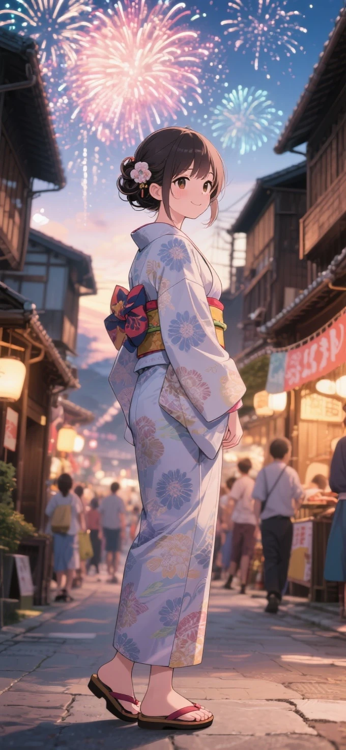 Bi-Japanese anime style，a beauty girl，wearing kimonos，Coiled hair，natta，lively Japanese small town street，firework，Close-up face close-up