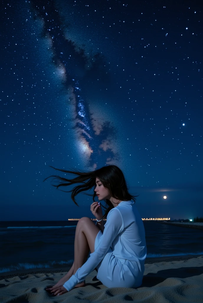 Seaside at night,A girl sits on the beach looking at the starry sky。She wears a loose white shirt,The sea breeze gently blows her hair。In the distance there is a gentle sound of waves and a little bit of starlight,The moonlight shines on the surface of the sea to form a silver band of light。The atmosphere is quiet and deep,uses long exposure technology to capture the starry sky,to create a dreamy and romantic mood。