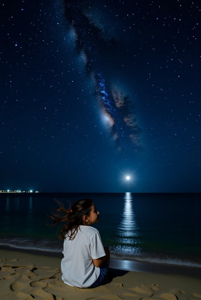 Seaside at night,A girl sits on the beach looking at the starry sky。She wears a loose white shirt,The sea breeze gently blows her hair。In the distance there is a gentle sound of waves and a little bit of starlight,The moonlight shines on the surface of the sea to form a silver band of light。The atmosphere is quiet and deep,uses long exposure technology to capture the starry sky,to create a dreamy and romantic mood。