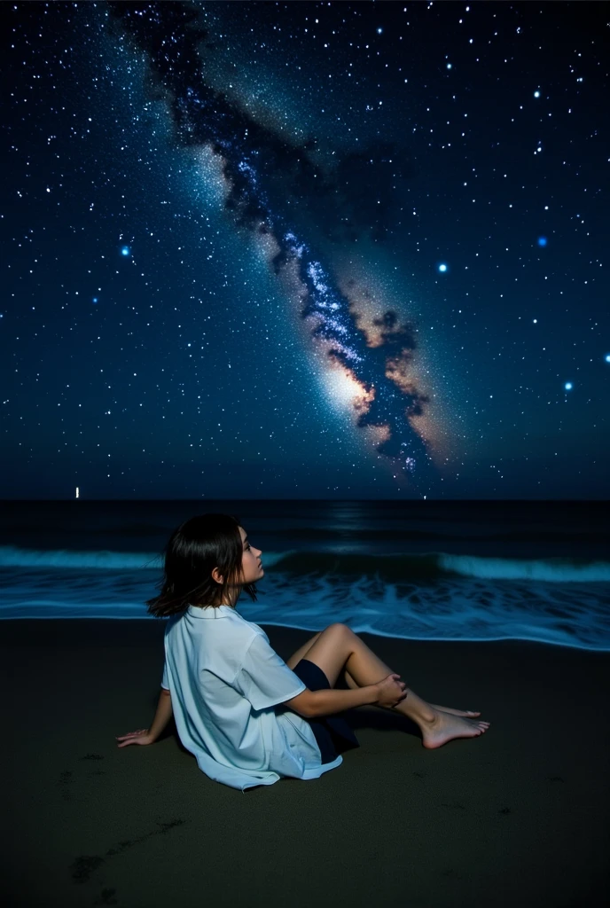 Seaside at night,A girl sits on the beach looking at the starry sky。She wears a loose white shirt,The sea breeze gently blows her hair。In the distance there is a gentle sound of waves and a little bit of starlight,The moonlight shines on the surface of the sea to form a silver band of light。The atmosphere is quiet and deep,uses long exposure technology to capture the starry sky,to create a dreamy and romantic mood。