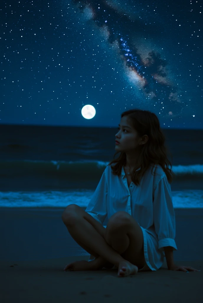 Seaside at night,A girl sits on the beach looking at the starry sky。She wears a loose white shirt,The sea breeze gently blows her hair。In the distance there is a gentle sound of waves and a little bit of starlight,The moonlight shines on the surface of the sea to form a silver band of light。The atmosphere is quiet and deep,uses long exposure technology to capture the starry sky,to create a dreamy and romantic mood。