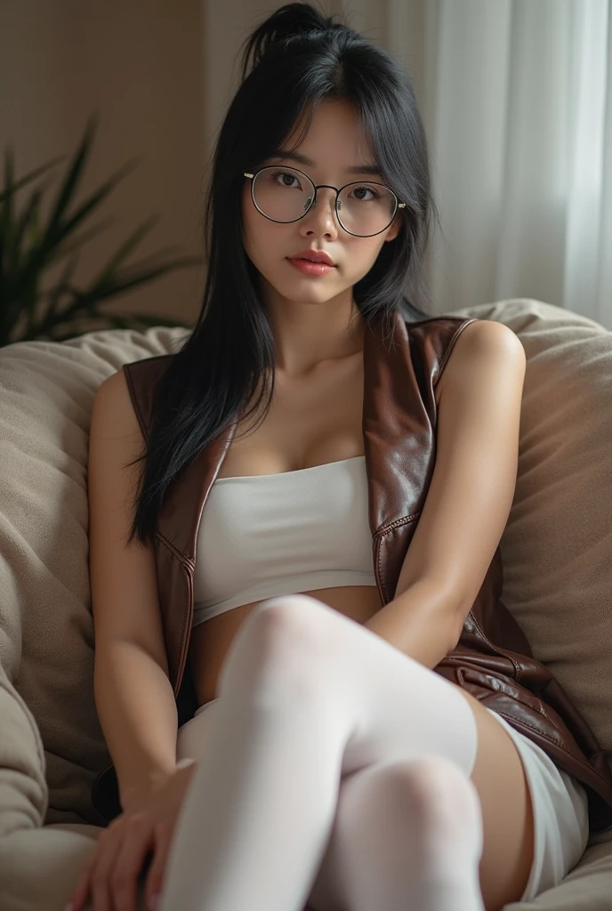 tall and skinny supermodel Chinese girl, sweaty tanned skin, cute face, long straight platinum hair, small breasts, wet, long legs, soft light, candid style, strings, stockings, glasses, crossed legs, sitting on couch