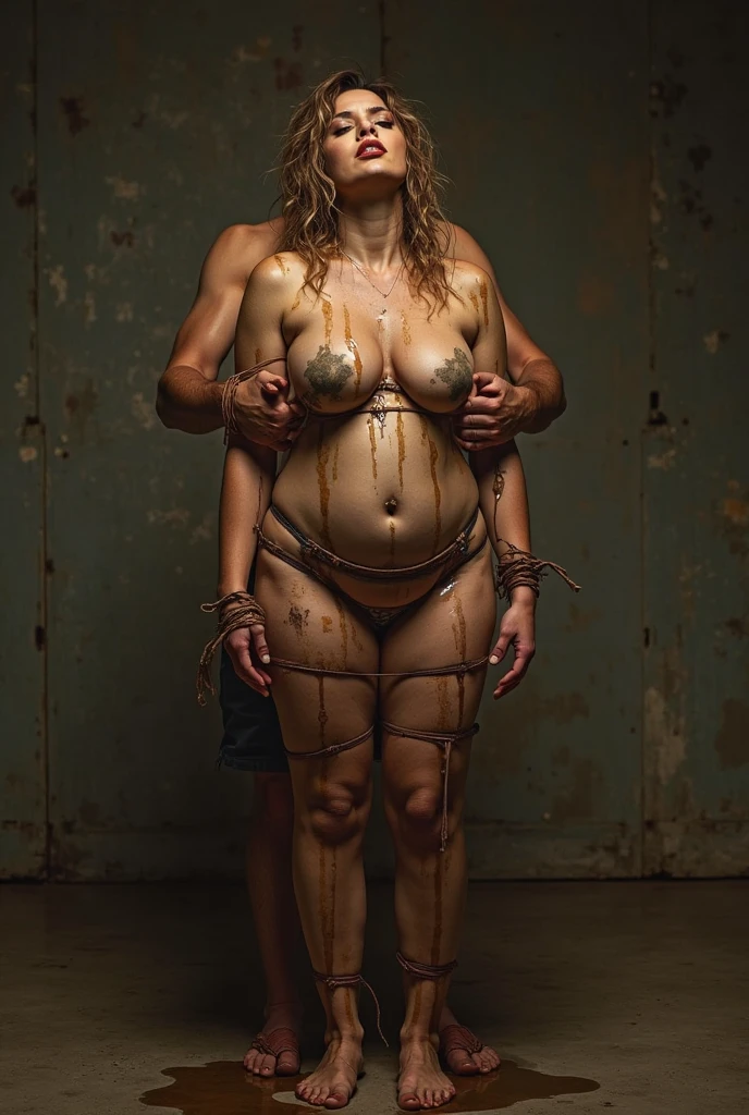 allison-mack,, (leashed, chained), pregnant, seductive, sitting on a stool full body view, erotic pose, nice breasts, oiled skin, tied up arms, pubic hair, jewelry, bracelets, anklets, displayed in dark dramatic creepy Victorian theater, bare-feet, vibrant colors, analog photography, film grain, detailed beautiful face, elaborate features, ultra-detailed, real picture, highres, high saturation