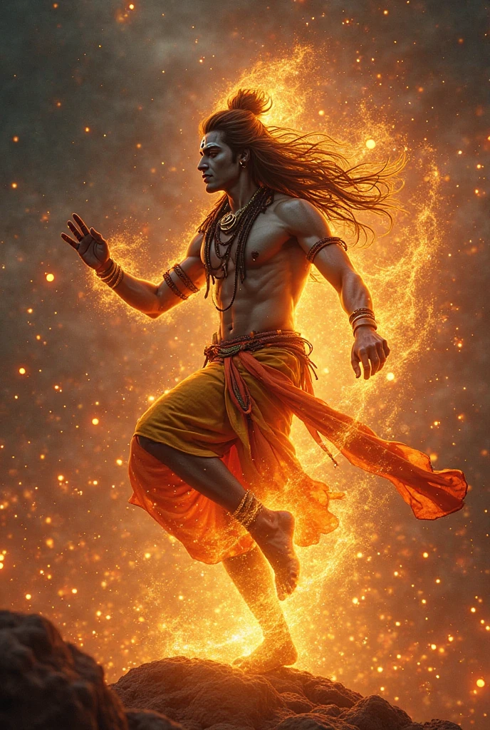 “Lord Shiva, filled with intense rage and grief, begins his furious Tandava dance. His eyes blaze with divine anger, his body moves with immense force, and his hair whips around. The environment around him crackles with energy, and the ground beneath shakes as if echoing his emotions. The scene is filled with fiery hues and dynamic motion.”
