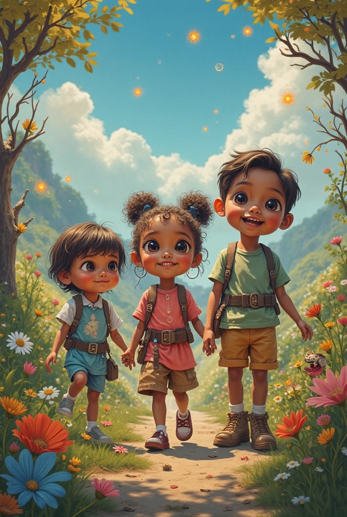 "The three kids are huddled together, smiling and supporting each other as they face a challenge. The background shows them overcoming an obstacle, like crossing a river on a makeshift bridge or climbing a steep hill, symbolizing their teamwork and strong bond."Every Day a New Adventure