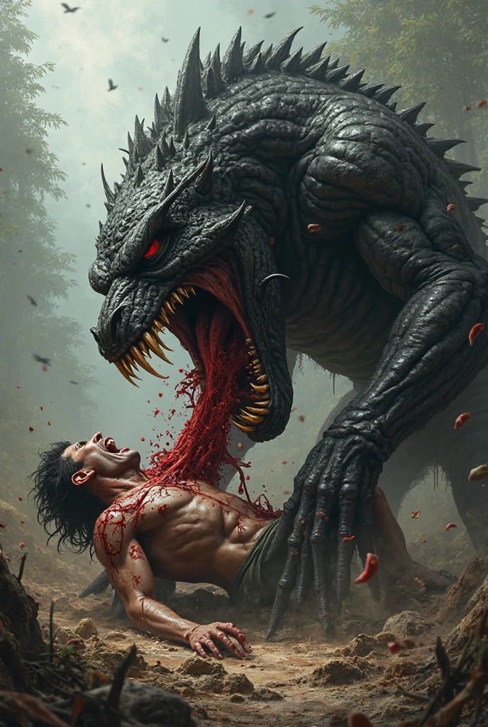 (Gore), Godzilla, defeat, Dying lying,(stomach cut), (Blood gushes out), (Screaming with a pained expression), Wounds all over the body, Face also injured, Blood dripping from the wounds, Vomiting a large amount of blood, half of the body Torso cutting, (Lower Body Erase), Lower Body Blood and guts spilling out,