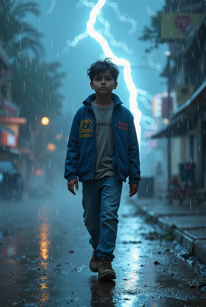 19 years younger boy sitting on a deserted street during a storm: The street must be wet from the rain, with lightning in the background, and young must be dressed in casual clothes, looking thoughtful and intrigued.the young boy wearing blue jaket, and jeans pent, YOGESH RATHOR name on the jaket 