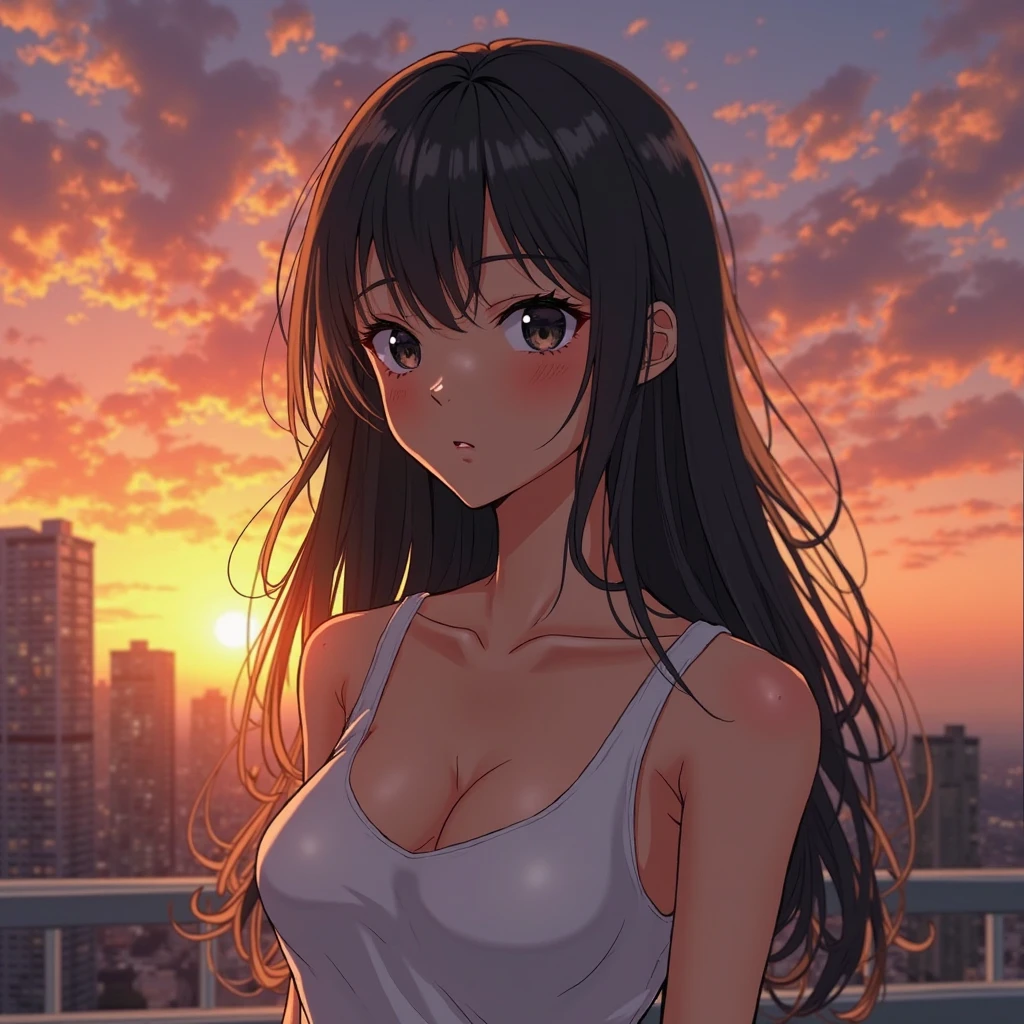 ((((masterpiece, highest quality, Ultra-high resolution)))), She has a beautiful curvaceous and muscular figure,(She has huge tits),(((dark skin))),long black hair,she is wearing a midriff-baring red t-shirt,swim briefs,modern cityscape
