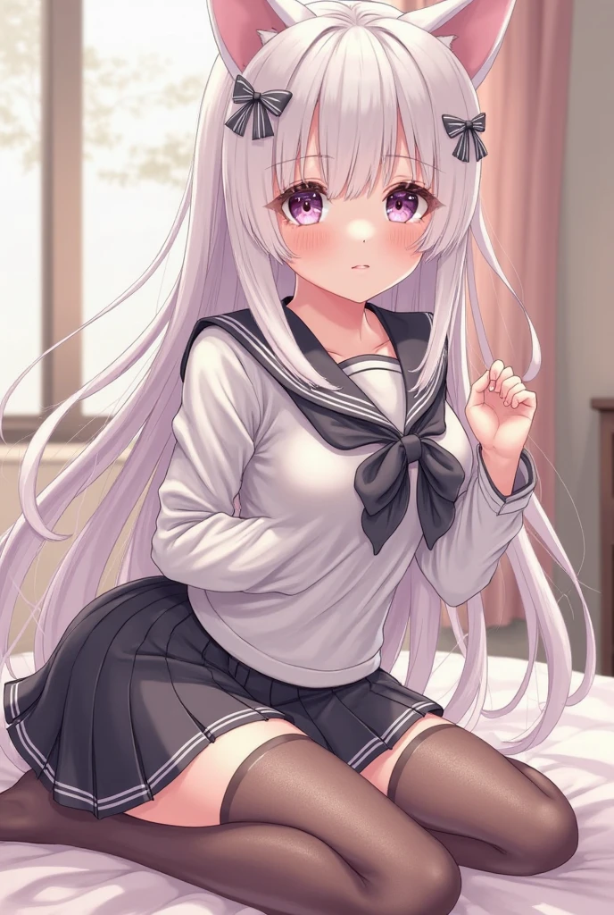 1girl, cat girl, children, Cat ears, grey hair, streaked hair, pink hair, long hair, hair between eyes, twintails, sailor collar, Wet underwear, Wst panties, Pantyhose
