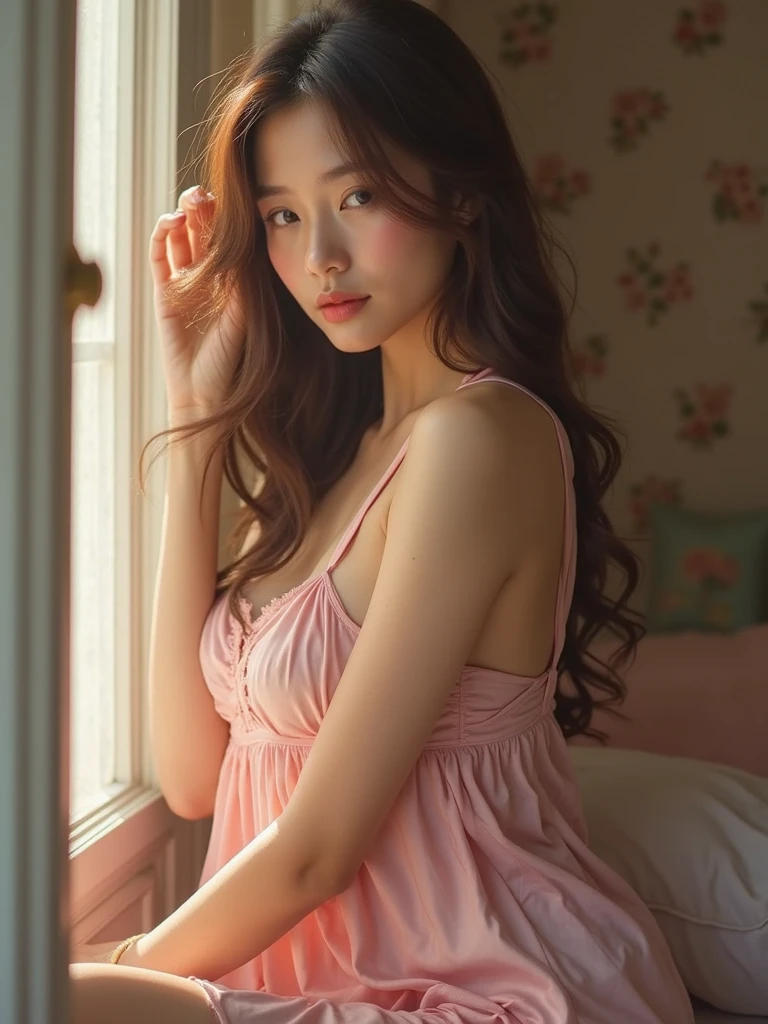 top quality, A beautiful woman, black hair , Nature , room illuminated by morning sunlight. woman in loose clothes, Pink dress, Translucent material,Partially revealing the casual elegance of her figure. The whole room is bathed in soft air, The morning sun shines through the windows,Morning light brings freshness to the picture, peaceful atmosphere. she is simply, 35mm lens, F/1, Cowboy shooting, Large Breasts,Sitting on the bed ,(White background: 1.3)