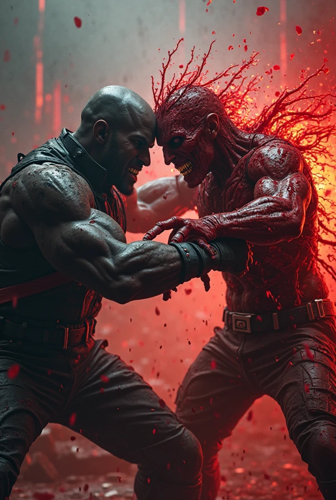 F.E.A.R. operative wearing black tactical balaclava and red googles holding assault rifle is standing with the psychic commander of replica forces. Psychic commander's is glowing red and covered in blood, appereance Paxton Fettel from F.E.A.R.