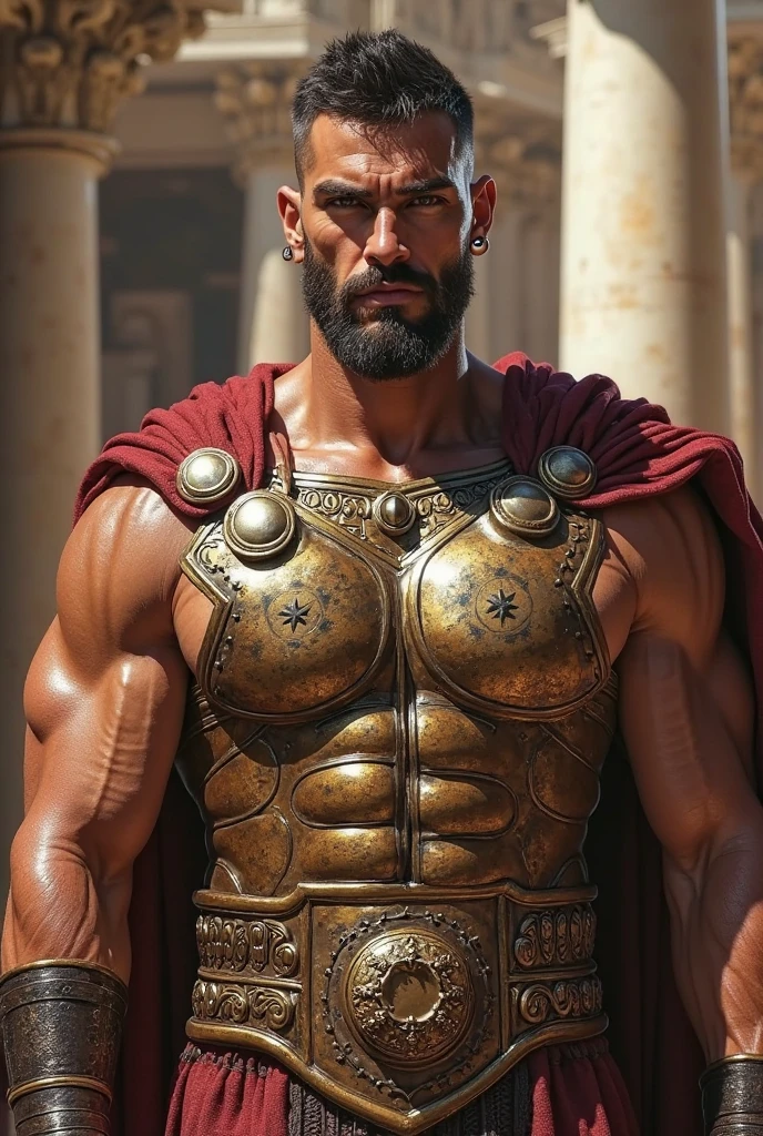 1boy, Assyrian, solo, facial hair,64 yrs old, daddy, male focus, flaccid penis, pectorals, bara, muscular, mature male, muscular male, abs, beard, ring nipples, tattoo pecs, short hair, navel, stomach, large pectorals, thick eyebrows, spartanarmor, belt, necklace, bracelet, jewelry, necklace, red cape, armlet, bracelet, throne, ring, underwear/loincloth/pelvic curtain, sandals, chain, open clothes/shirt/vest/coat, tattoo, gloves, bare pectorals, fair-skinned male, erection, thighs, erection under clothes, tan skin, belt, pectoral cleavage, cowboy shot, feet out of frame, thick thighs, looking at viewer, masterpiece, 4k, high quality, highres, absurdres,