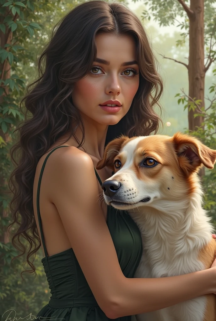Create me a picture of a german young woman in a green long-sleeved dress which shows the dicolte concrete with shoulder length black hair green eyes and a black small miniature pinscher