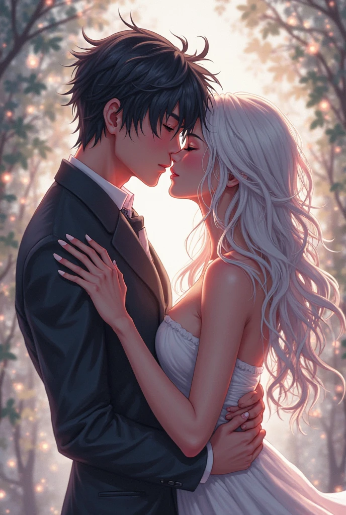((absurdres, higher, ultra HD)) 1 male, 1 female,mature, kissing each other, guy is front of her slightly bend towards her, man is shirtless, wearing blue jeans ,woman wearing beautiful pink dress, wisteria flower around them, beautiful, scenary, romantic,((calm and romantic expression:1.2)) ,pixiv, digital painting, mascular man, beautiful elegant woman, (gray stylish hair for man), (brown long hair for woman)