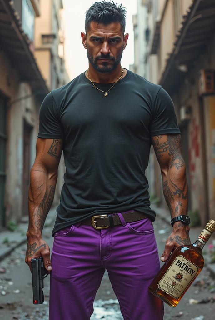 Hyper-realistic image of a character similar to (John Wick) Shirtless muscle man with ripped jeans walking straight in front of the cameras has the name tattooed on him "ismael" on the chest, and dragon tattoos on the arms, Mommy Nando by a pool of golden water there are reflections of Jonh in the pool and there are splashes behind him, There is a Facebook logo in the background, completely white background. 