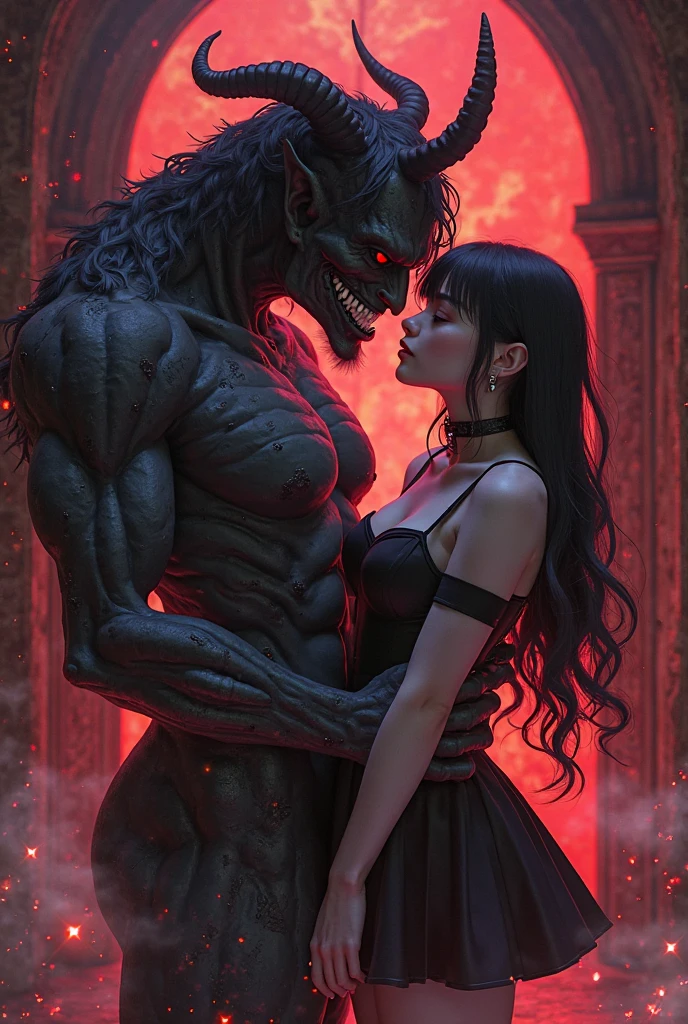 Dark demonic creature with a scared crying human who is about to offer his soul to this creature