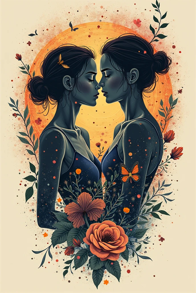 Create a tattoo design that depicts a romantic scene where a female figure, representing the Sun, and a male figure, symbolizing the Moon, are sharing a French kiss. The female Sun has simple, straight hair, and both figures have stylized, celestial features. In the background, larger versions of the Sun and Moon are subtly visible, adding depth to the design. The overall style should be minimalist yet detailed, with smooth lines and a harmonious blend of warm and cool tones to capture the contrast between the Sun and Moon.