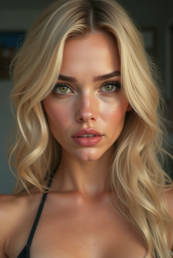 Hot margot robbie, sexy, sexy, ((Masterpiece, best quality)), detailed skin, highly detailed, cinematic lighting, ultra realistic, blush, looking at viewer, with blonde hair. Her hair elegantly styled, falling softly to chin length, portrait, , big breasts, instant cum face, cum on month com on preasts, , malicious smile,