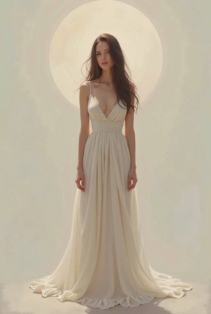 There is a woman in a dress standing in front of a wall., by Johanna Marie Fosie, dreamy and ethereal, dreamy and ethereal and dark, pale woman, romantic dress, faded and dusty, monia merlo, ethereal and dreamy, retro and ethereal, demure, inspired by Elsa Bleda, by Claire Hummel, very ethereal, ethereal backlight