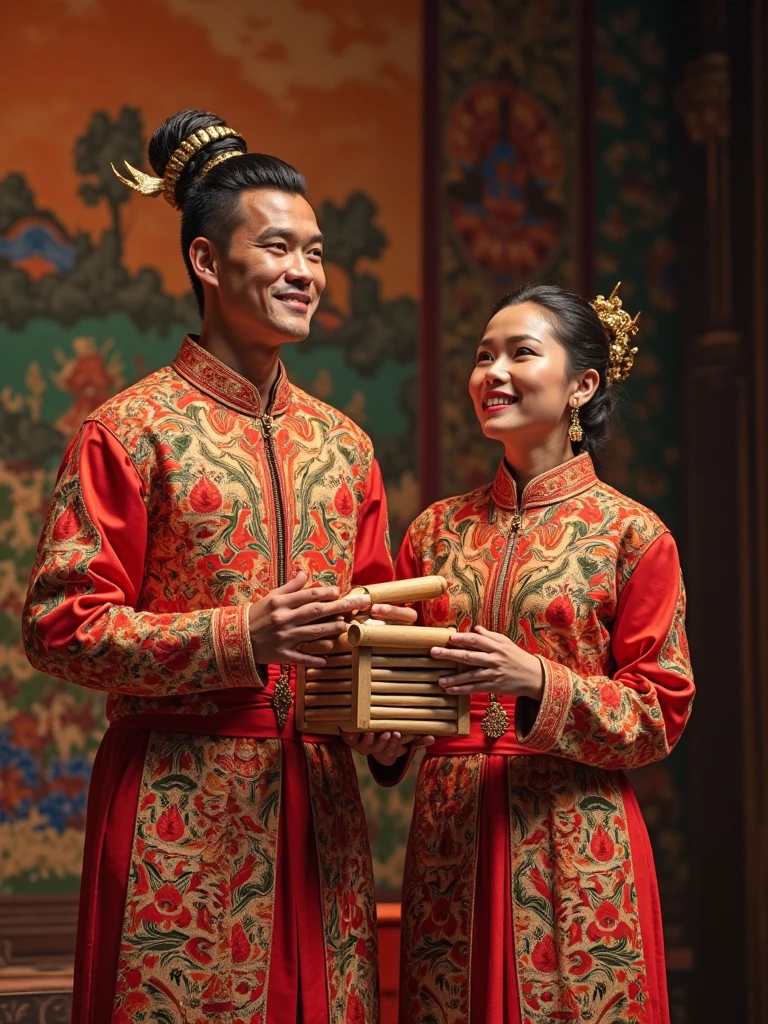 China, 1490. A young ((((29-year-old)) Tan Yunxian)), garden, with her husband, looking at each other lovingly, ((((chinese clothings from the 1490s)))), ((hairstyle of the 1490s)), ((colorful, luminous))
