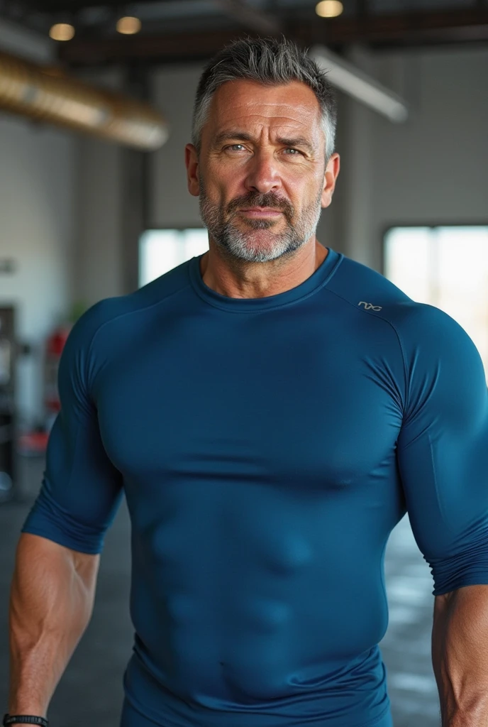 (handsome mature man), (50 yo), white man, wearing a tank top and sport shorts, bulge, (beefy:1.3), beard, looking at viewer, beautiful man, detailed eyes, symmetric face, smirk, robust, greying hair