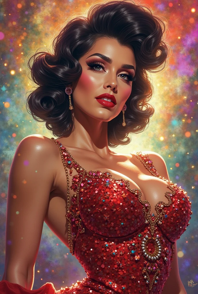 In this captivating scene, a vivacious girl, (detail skin texture, large pores), with vibrant, colorful hair stands amidst a lush garden teeming with exotic blooms. Her sexy outfit accentuates her thin, hourglass-shaped body and ample breasts, drawing the eye with its tantalizing allure. With eyes that sparkle in the sunlight and lips painted a bold red, seductive smile, she exudes irresistible charm and sensuality. The garden, meticulously rendered with hyper-realistic detail, showcases the intricate textures of petals and leaves, while vibrant colors add a touch of surrealism. Captured in stunning 8K resolution, every nuance is visible, from the strands of her hair to the lines on her face. extremely realistic skin, Inspired by Russ Meyer's iconic films, the scene blends retro and modern elements, with color grading that heightens excitement and sensuality. Soft lighting bathes her face in a warm glow, adding depth and dimension to the image. This (hyper-realistic:1.5) (masterpiece:1.5) promises an awe-inspiring visual experience, combining the finest materials and techniques to ignite the senses.