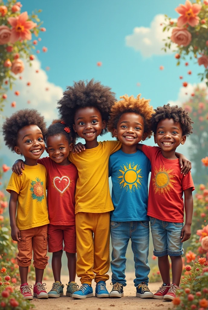 three black Umbanda boys, two twins and a smaller one between them, with children&#39;s toys around and elements of the Candomblé religion
