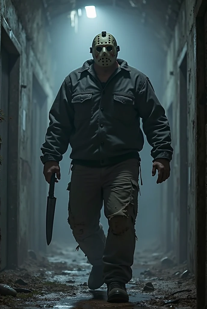 Full view of a typical American wooden barn with a 1 year old bald man.90 tall man in the entrance wearing a white hockey mask with some holes in the cheeks, green long sleeve shirt, light grey cloth pants and black shoes, And in his hands he carries an axe while he attacks another man a little shorter dressed in a light shirt and jeans