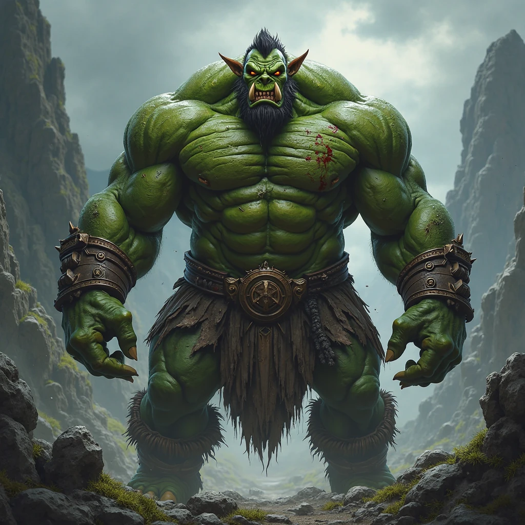 male orc, piel verde, pelo largo, barba, muscular, Usar ropa de cuero de animales, Armadura de hierro adornada con huesos de animales, 8K, ultra realista  