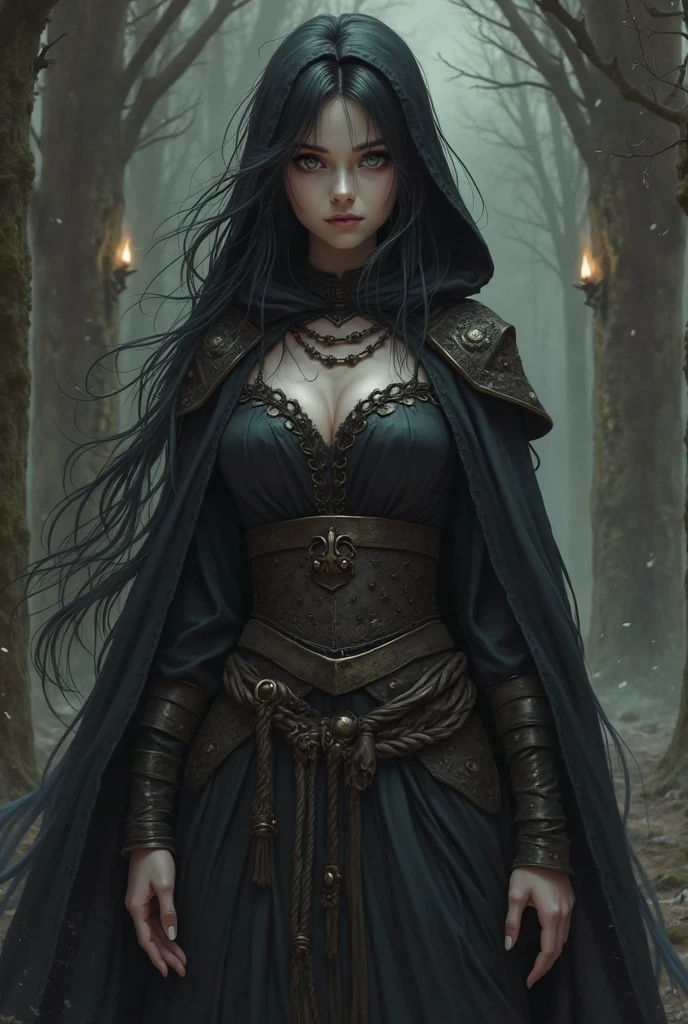 "Beautiful painting of a perfect female vampire, slender figure outlined by deep dark shadows, large breasts accentuated by a shapeless, voluminous long black cloak, perfect features delicate and intricately detailed, wearing an extremely baroque vampire corset adorned with precious gems and intricate lace, dynamic pose full of abstract beauty and near perfection, immersed in a pure form ethereal background of swirling mist and roses, illuminated by strong cinematic lighting and captivating back lighting, concept art by renowned artists Greg Rutkowski, John William Waterhouse, and Alphonse Mucha, stunning 8k post-production with super