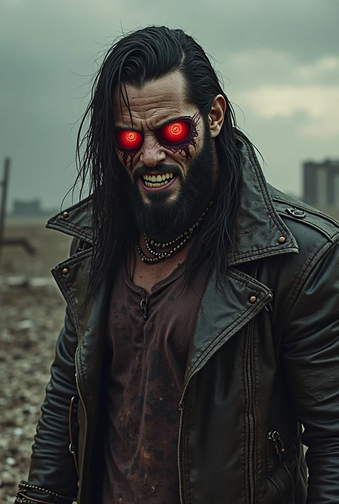(raw photo, best quality) , (Realistic, photo-realistic: 1.3), Extremely formidable, general plan, masterpiece, ultra-detailed, high resolution, Best illustration, best shadow, complex, depth of field, horror, scary, terrifying, single, man 1 (male), athletic, pale white skin, various tattoos on his body, piercing on lips, dirty hair, dreadlocks (scary eye), (glowing red eyes) bad crazy eyes, sadistic smile of crazy monster with sharp and pointed teeth, elongated chin, sharp lips, look at the viewer, black clothes, sleeveless black jacket, blood, sangy, crazy expression, sharpness, his right hand holds a large knife, his left hand holds a revolver, volumetric fog, 8k, DSLR, high quality, (film grain: 1.4), Fujifilm XT3, Night, night