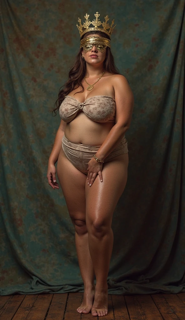 A realistic full-body photograph of a tall, mature Mayan shaman woman, around 6, standing confidently with a joyful expression. She has a very muscular, athletic body with well-defined muscles and sagging large breasts. Her hair is styled in a neat bun, and she has a very beautiful face with large, expressive eyes. She is wearing a tiny, tight string bikini and thong that are extremely small and tight for her body. She is barefoot. Their feet are clearly visible, and the excellent lighting enhances every detail of their physical characteristics, faces, and the interaction between them, creating a highly realistic image.