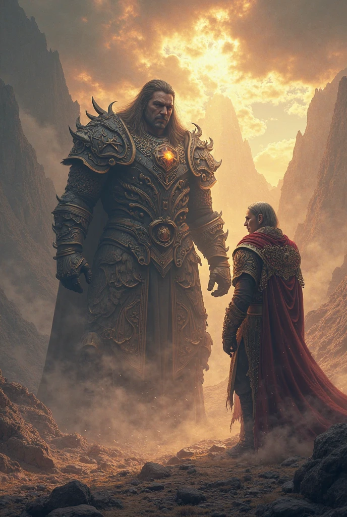 Bearded Bolsonaro in armor with a sword and shield fighting a giant Luiz Inácio Lula da Silva in front of the tree of life